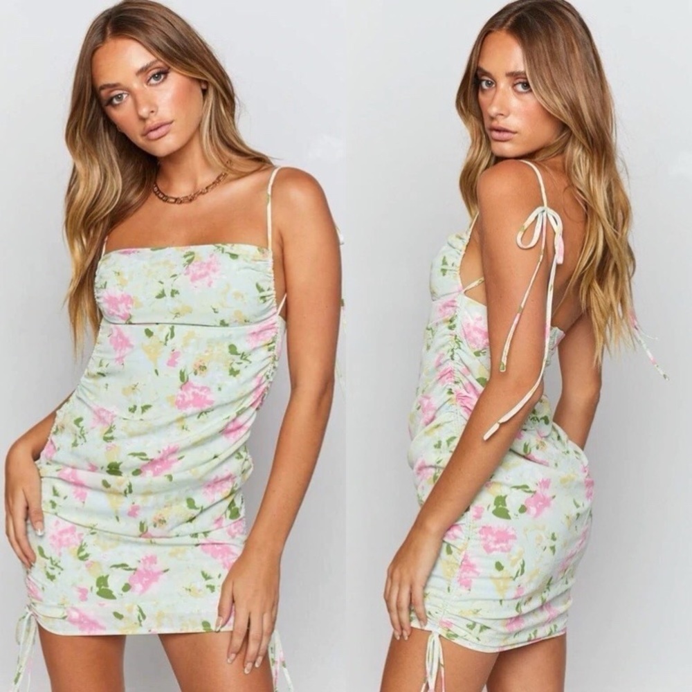 SNDYS Cyprus Mint Green Floral Print Cinched Mini Dress Medium NWT